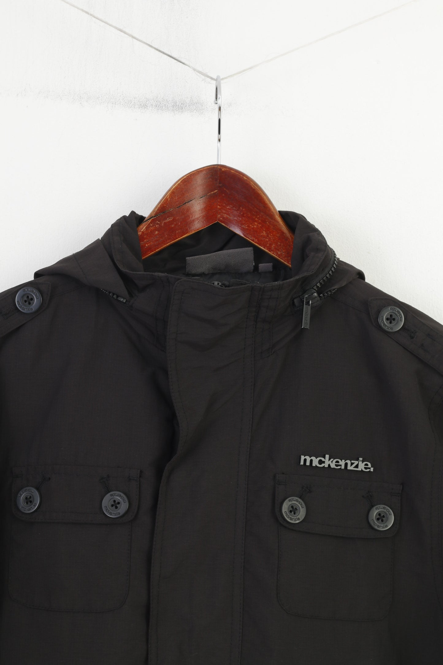 Mckenzie femmes XS veste en Nylon capuche imperméable noir fermeture éclair complète Vintage Sport poches haut
