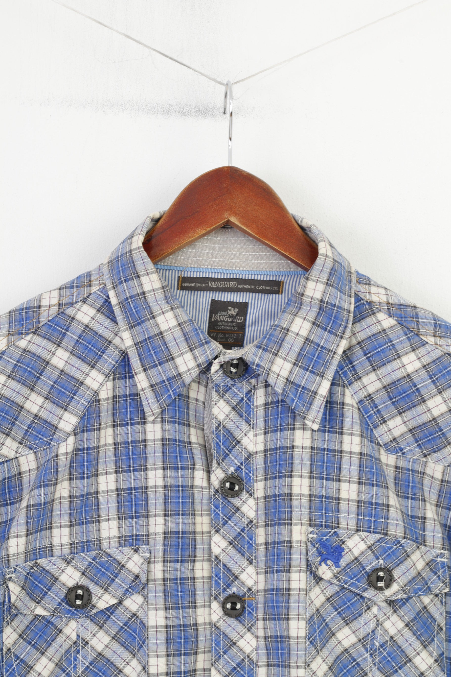 Lion Vanguard Men XXL Casual Shirt Checkered Blue Cotton  Genuine Quality Pockets Long Sleeve Top