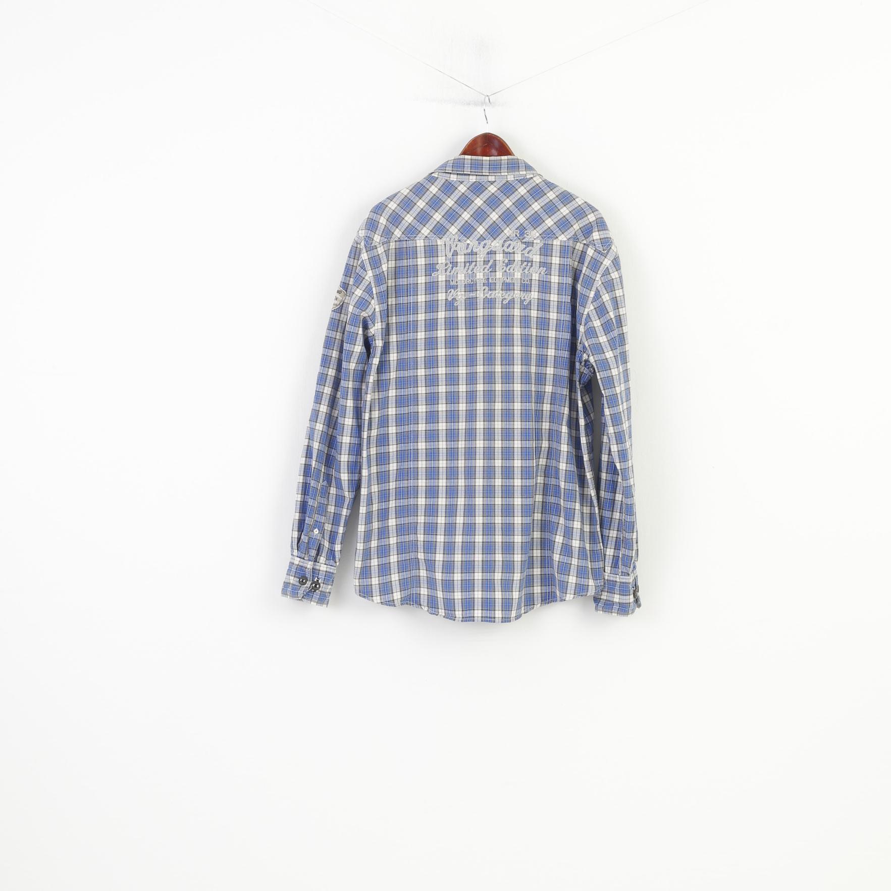 Lion Vanguard Men XXL Casual Shirt Checkered Blue Cotton  Genuine Quality Pockets Long Sleeve Top