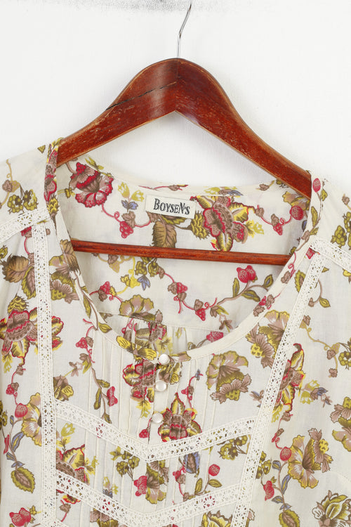 Boysen's Femmes M Blouse Fleurs Imprimé Beige Col Rond Manches 7/8 Bas Haut À Manches Courtes