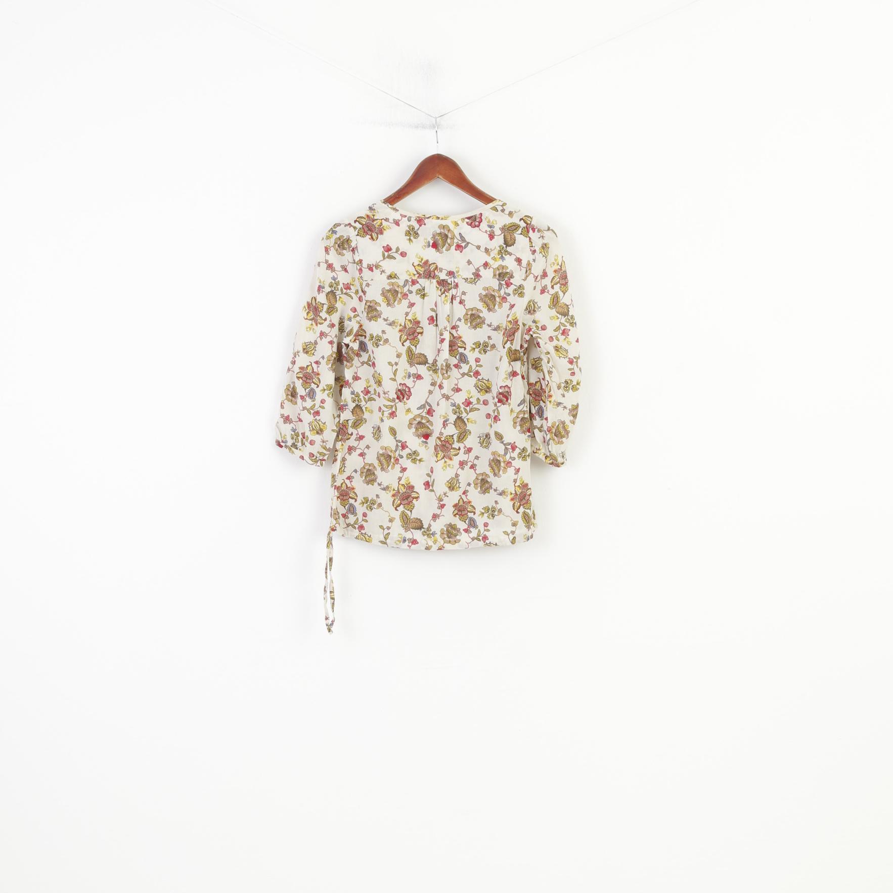 Boysen's Femmes M Blouse Fleurs Imprimé Beige Col Rond Manches 7/8 Bas Haut À Manches Courtes