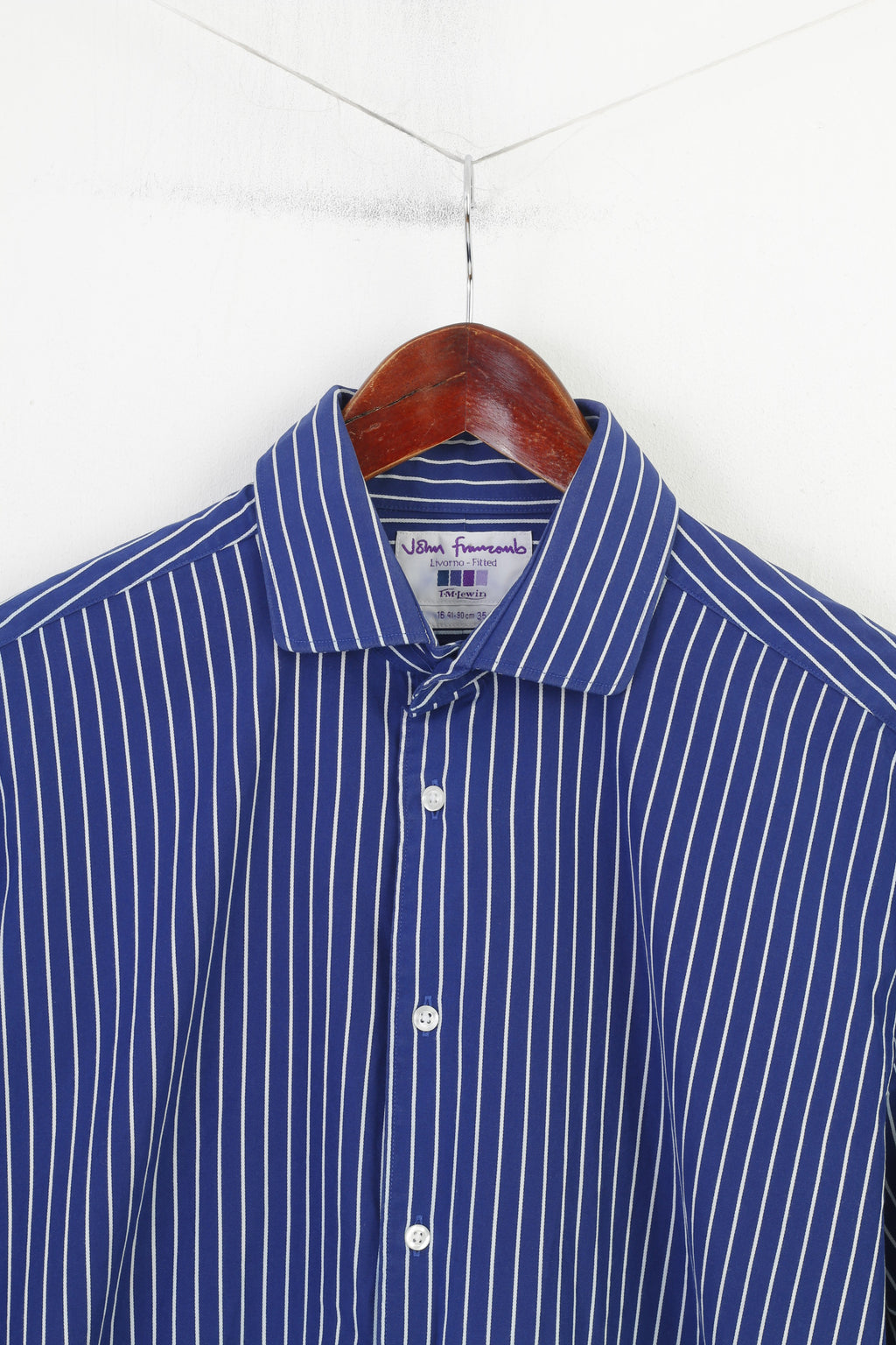 T.M.Lewin Men 16 35 M Casual Shirt Striped Navy Long Sleeve Cotton Fitted Classic Cufflinks Top