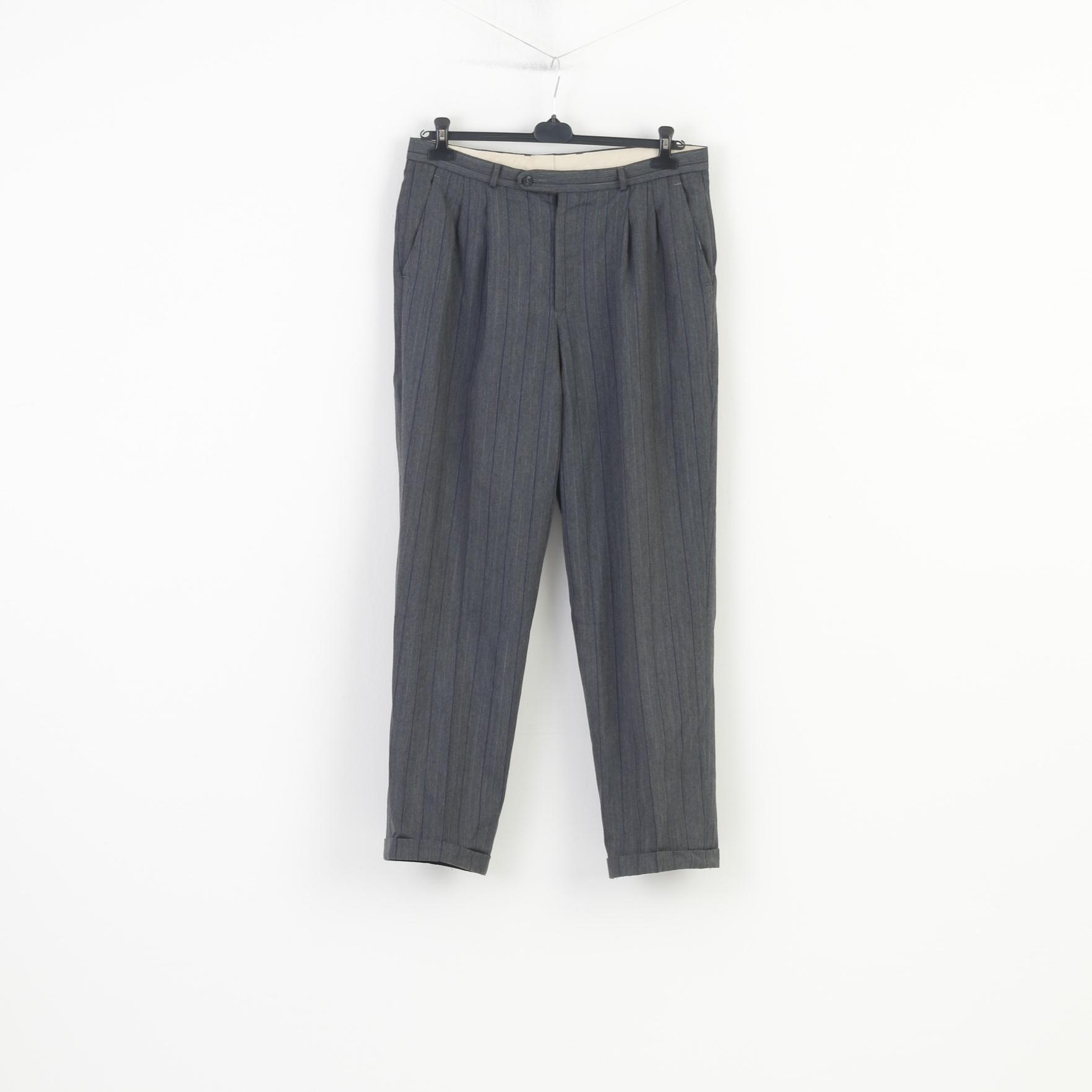 Trevira Men 36 Trousers Suit Pants Grey Striped Elegant Wool 