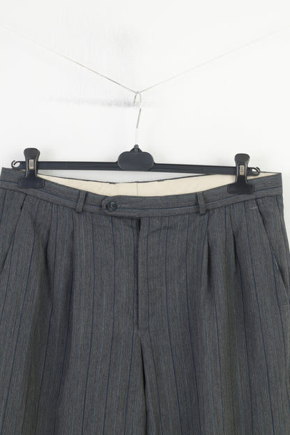 Trevira Men 36 Trousers Suit Pants Grey Striped Elegant Wool