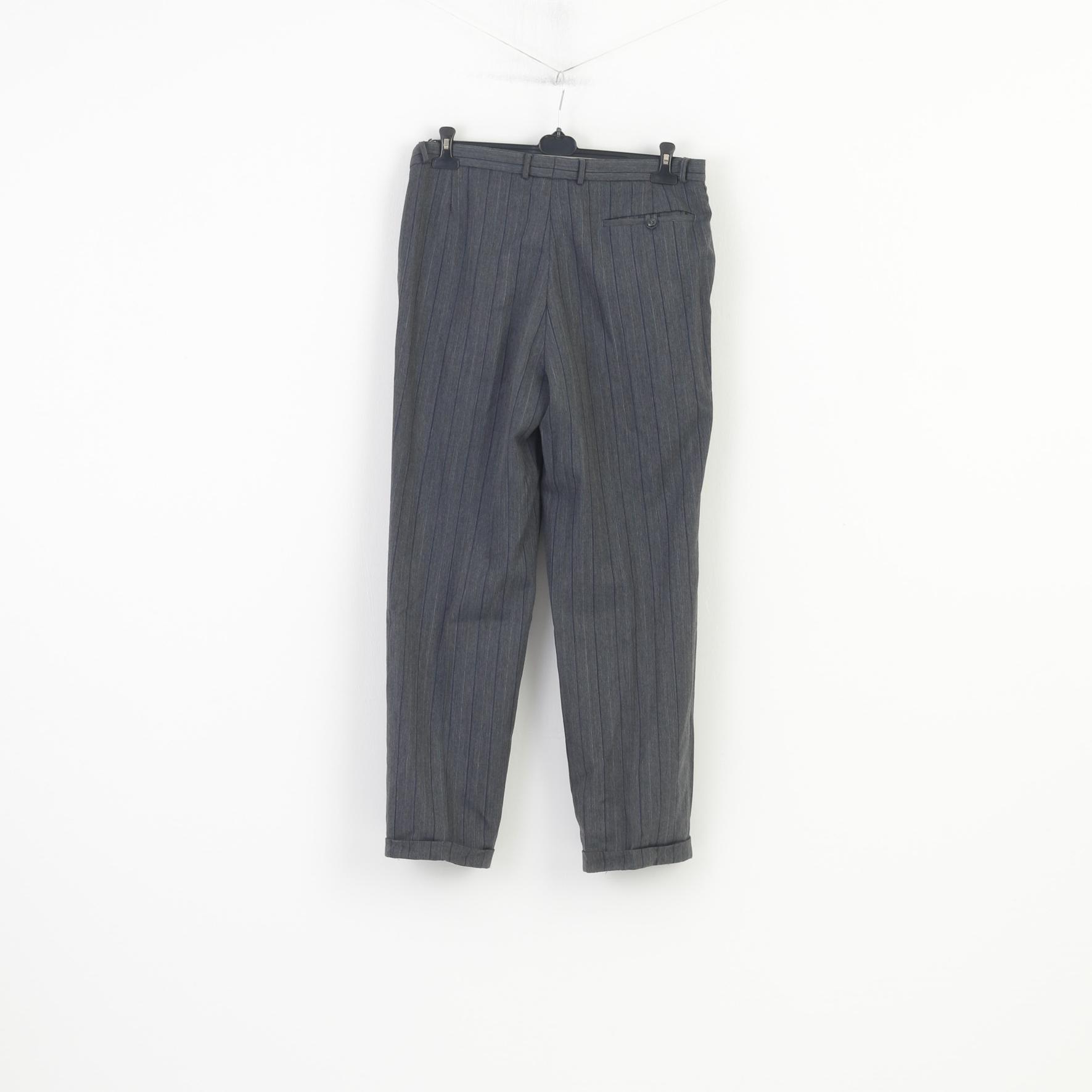 Trevira Men 36 Trousers Suit Pants Grey Striped Elegant Wool
