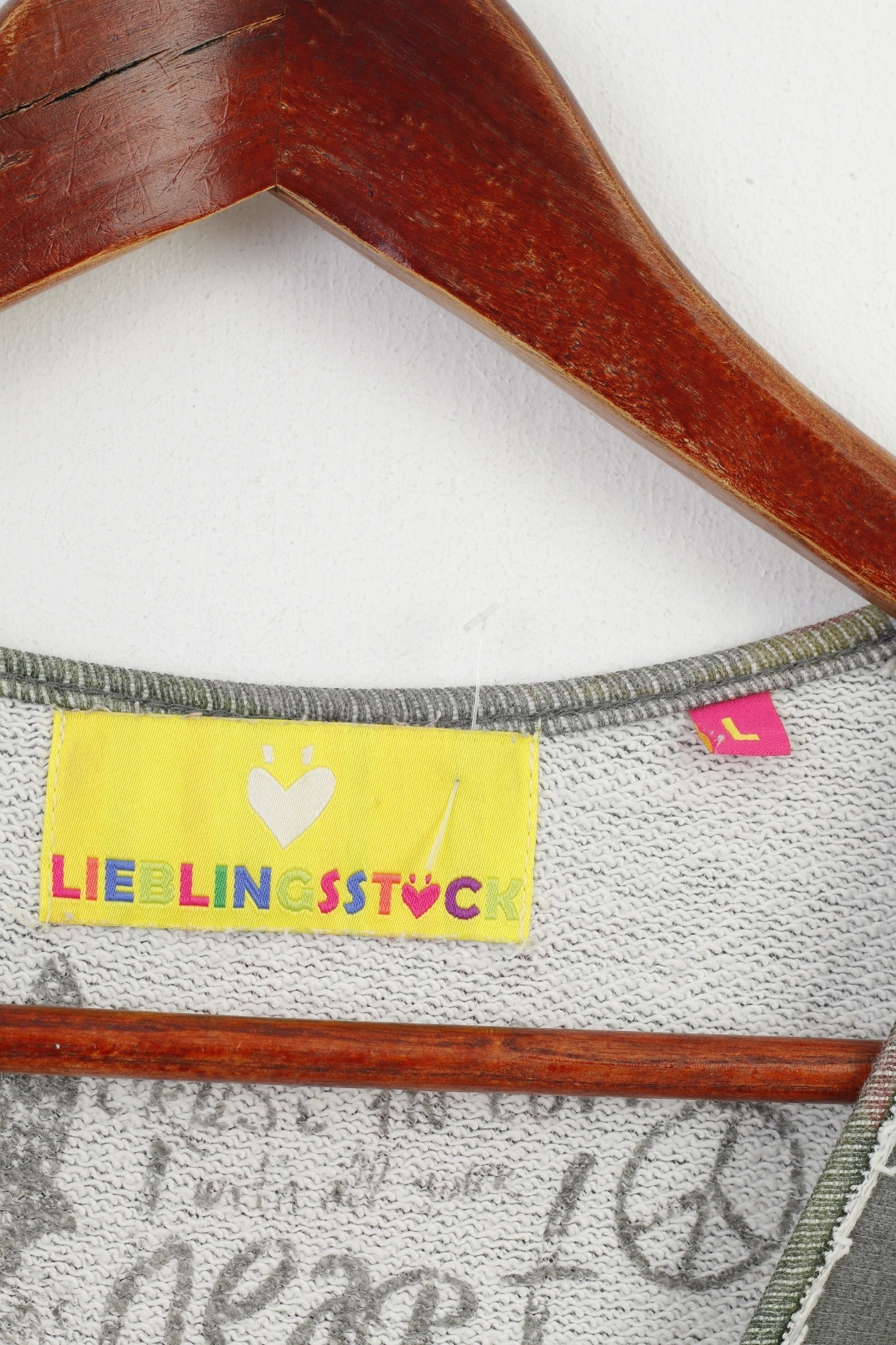 Lieblingsstock Woman L Shirt Khaki Long Sleeve Heart Graphic Vintage Crew Neck Cotton Flower Print Top