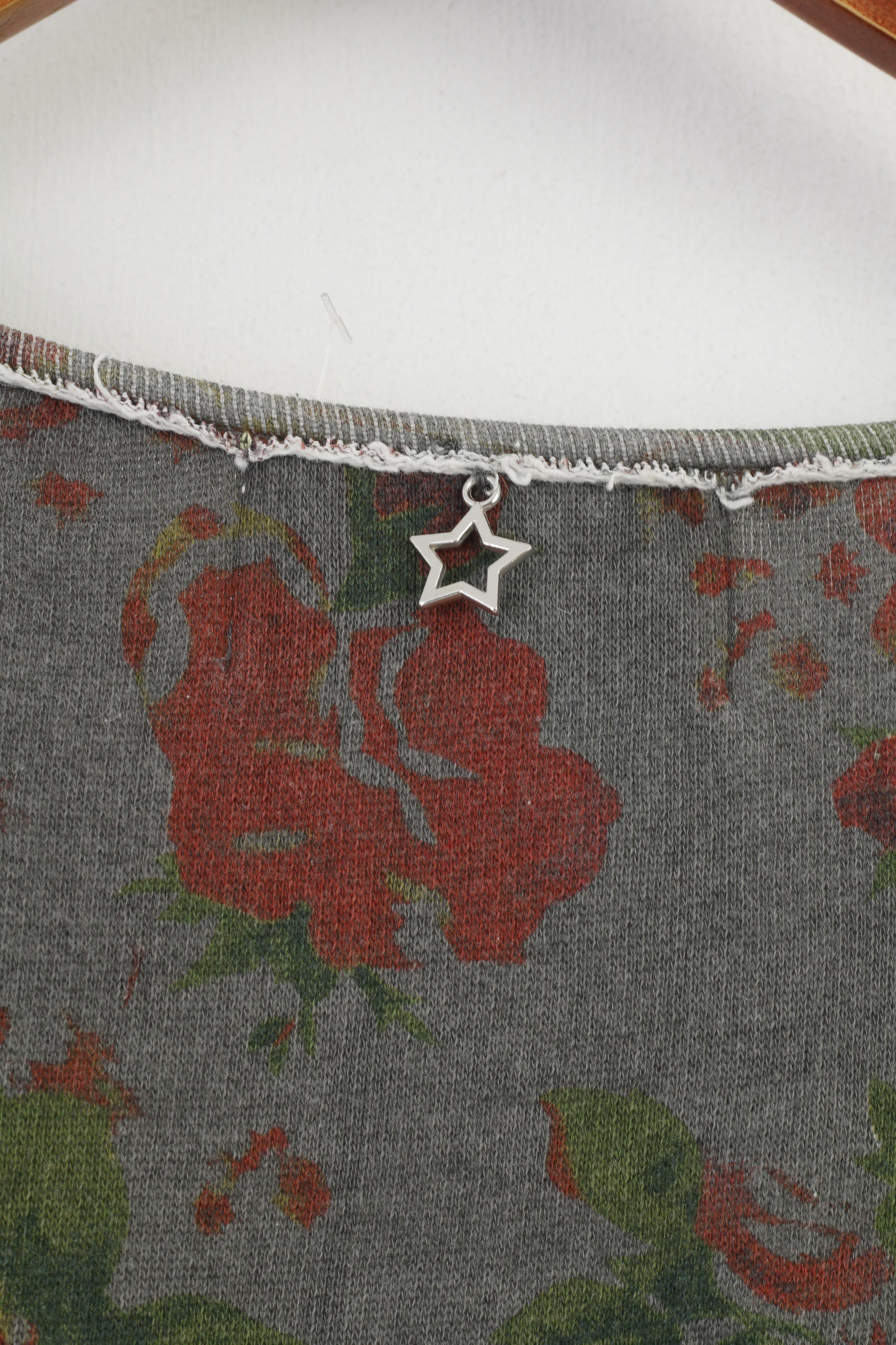 Lieblingsstock Woman L Shirt Khaki Long Sleeve Heart Graphic Vintage Crew Neck Cotton Flower Print Top