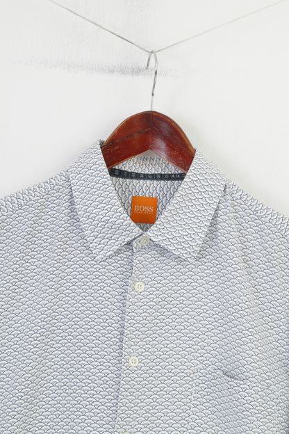 Hugo Boss Camicia casual da uomo L Top geometrico slim fit a maniche lunghe stampato in cotone bianco blu