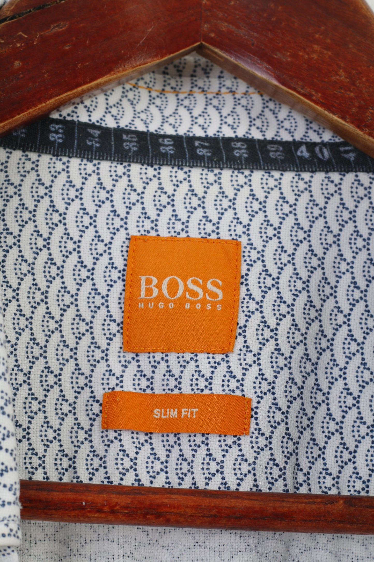 Hugo Boss Camicia casual da uomo L Top geometrico slim fit a maniche lunghe stampato in cotone bianco blu