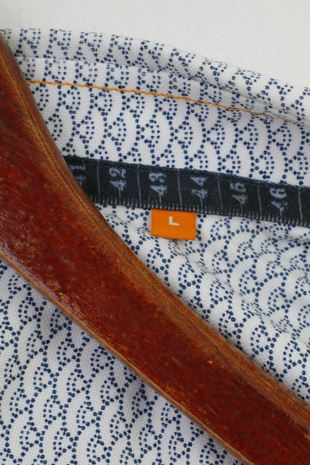 Hugo Boss Men L Casual Shirt White Blue Cotton Printed Long Sleeve Slim Fit Geometric Top