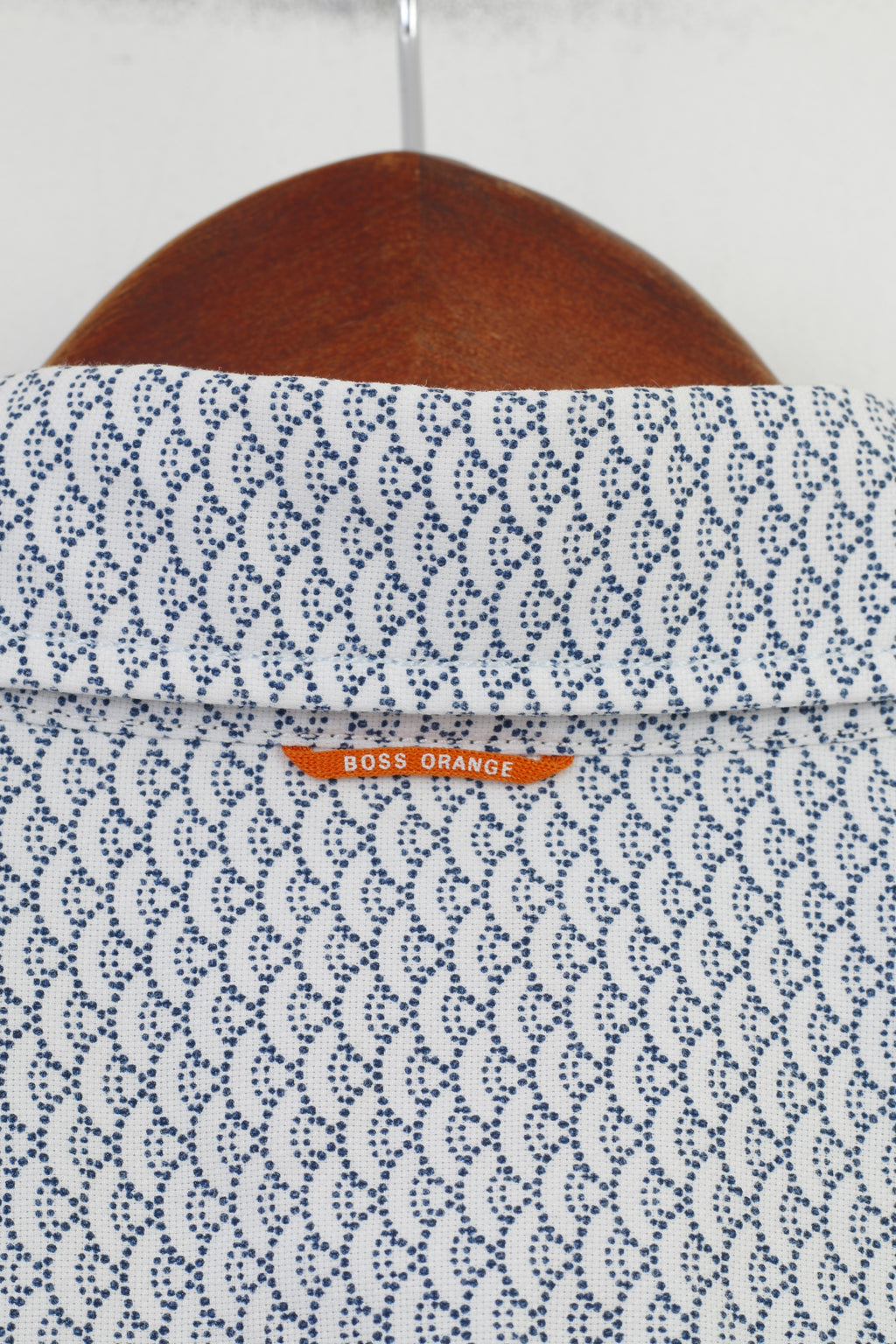 Hugo Boss Men L Casual Shirt White Blue Cotton Printed Long Sleeve Slim Fit Geometric Top