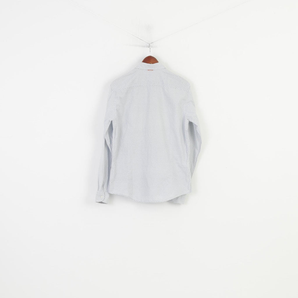 Hugo Boss Men L Casual Shirt White Blue Cotton Printed Long Sleeve Slim Fit Geometric Top