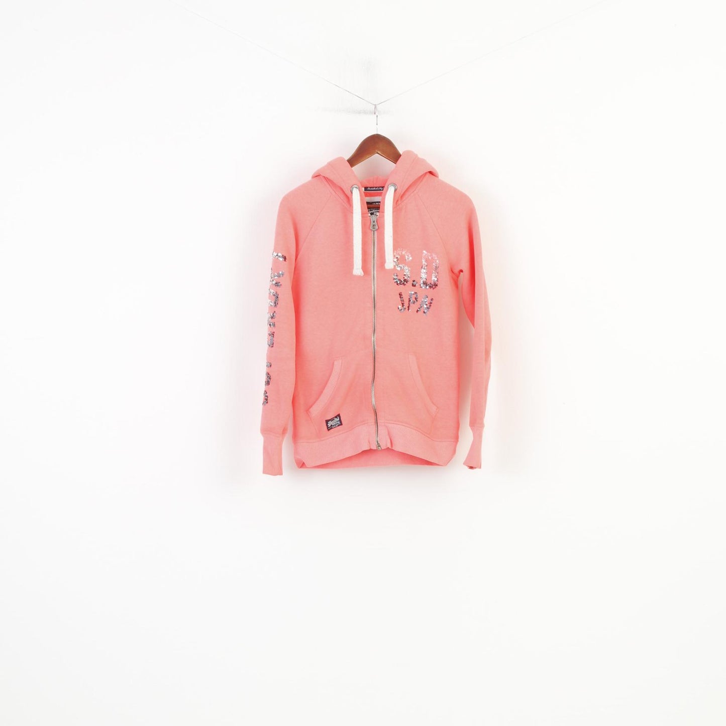 Superdry Woman M Sweatshirt Pink Full Zipper Vintage Sport Premium Cotton Sequins Hoodie Top