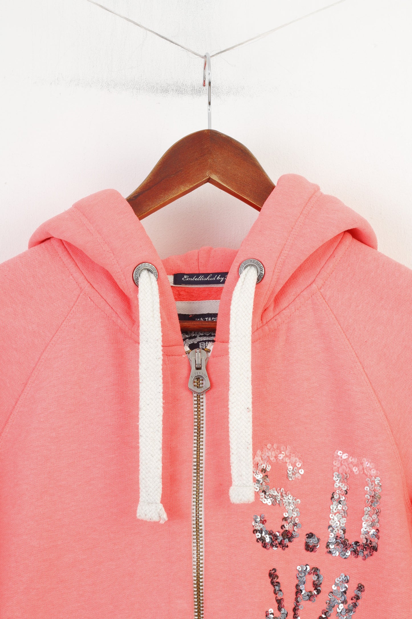 Superdry Woman M Sweatshirt Rose Full Zipper Vintage Sport Premium Cotton Paillettes Haut à capuche