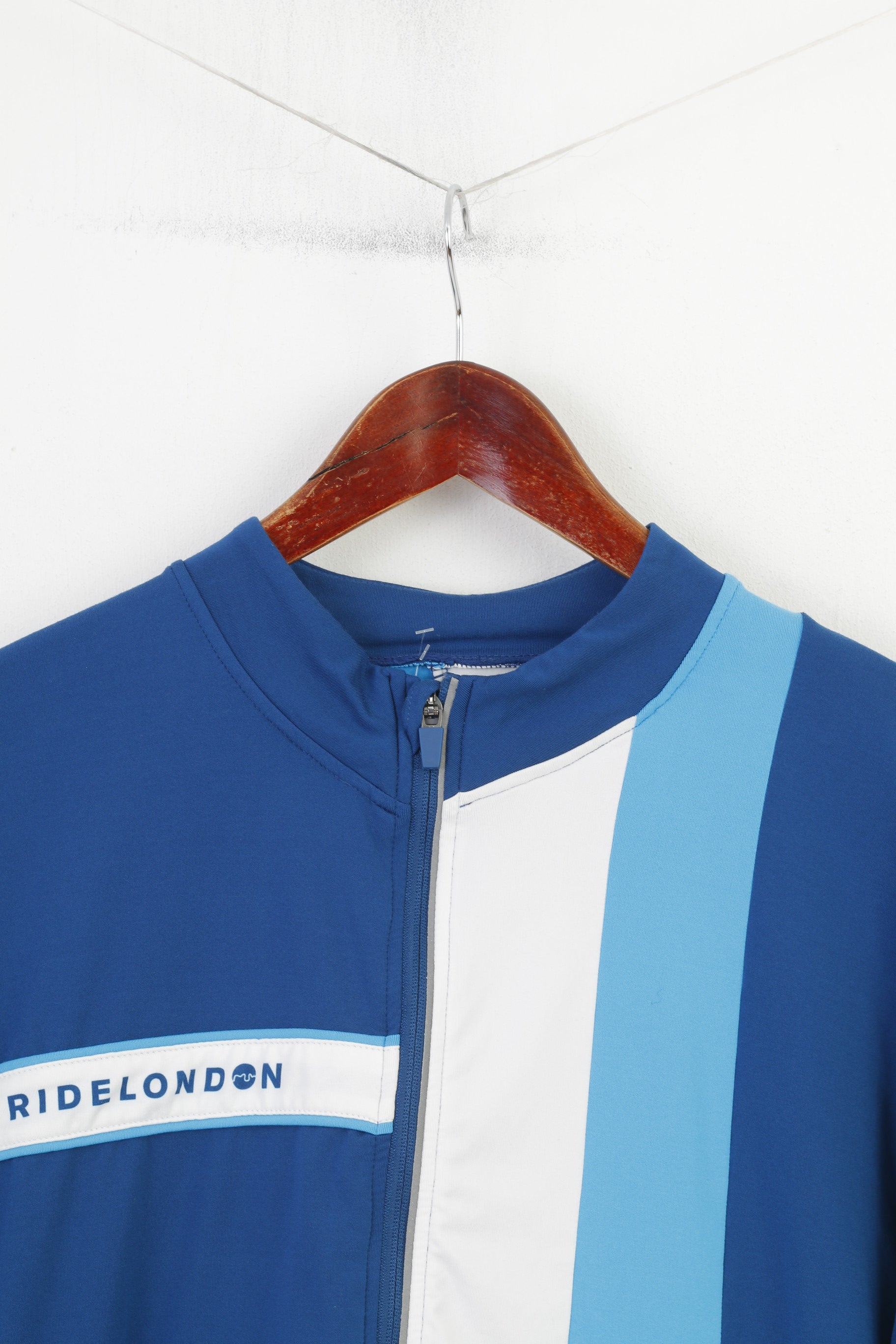 Ridelondon Giacca da ciclismo da uomo L Blu elasticizzato a righe vintage Activewear con cerniera intera Tasche posteriori Sport Top