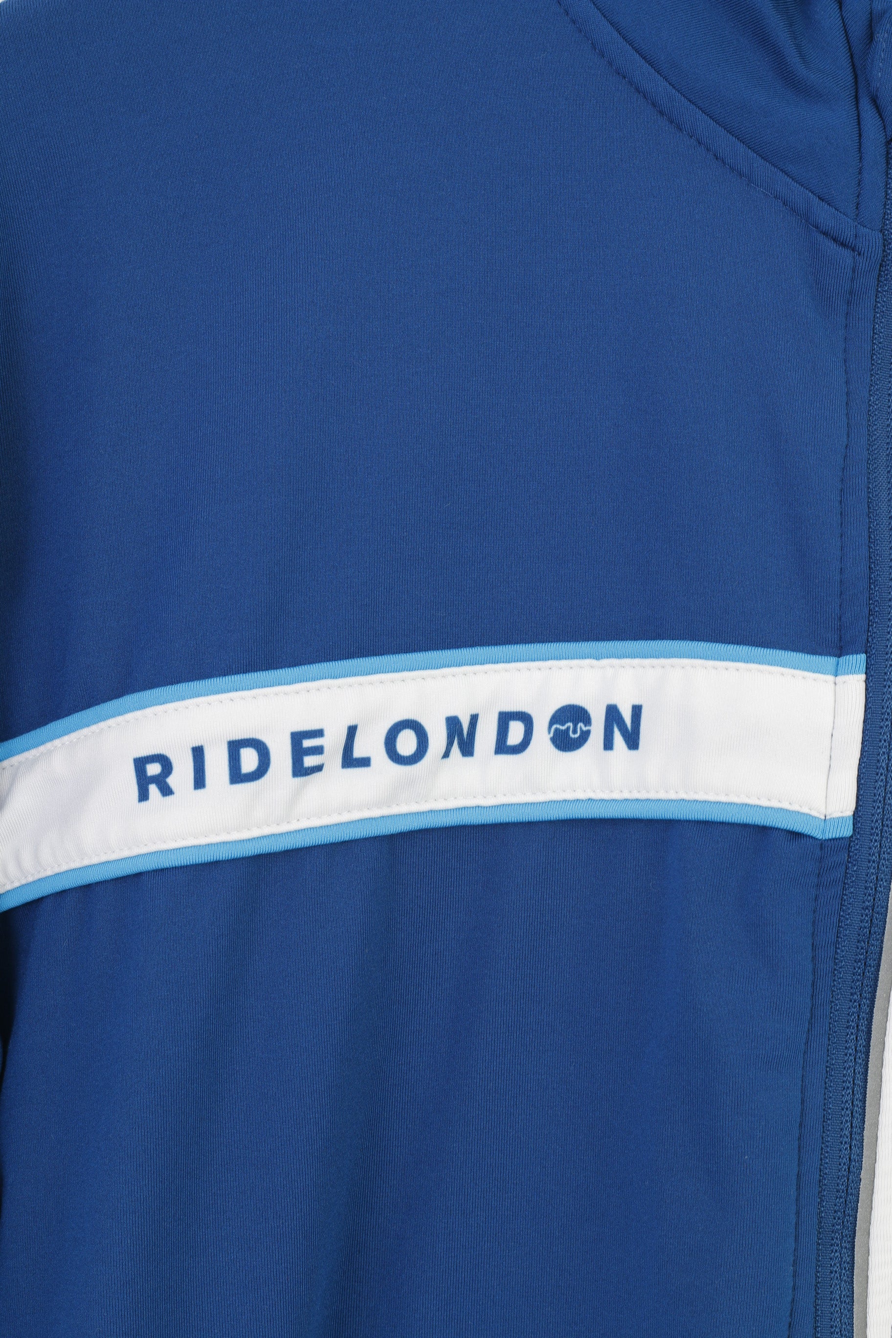 Ridelondon Giacca da ciclismo da uomo L Blu elasticizzato a righe vintage Activewear con cerniera intera Tasche posteriori Sport Top