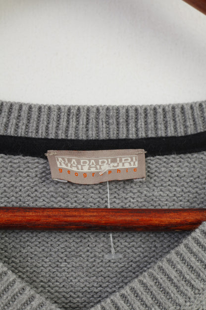 Napapijri Men L Jumper Gray Cotton V Neck Patches Vintage Sweater Top