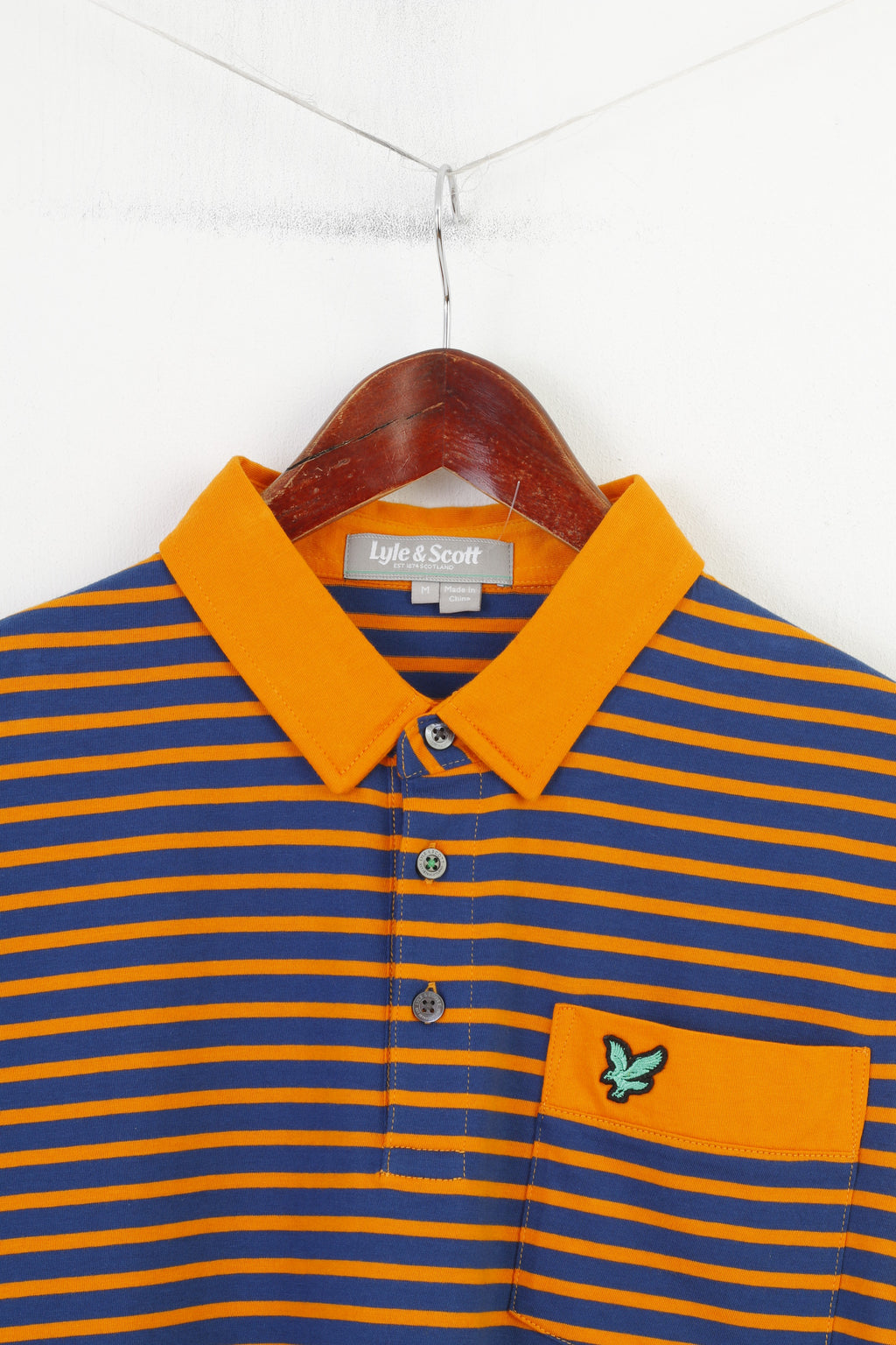 Lyle & Scott Men M Polo Shirt Striped Short Sleeve Navy Orange Scotland Cotton Top