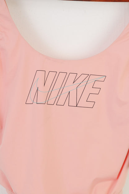 NUOVI costumi da bagno Nike Donna L rosa, impermeabili, elastici, sportivi, maniche da nuoto, top intero