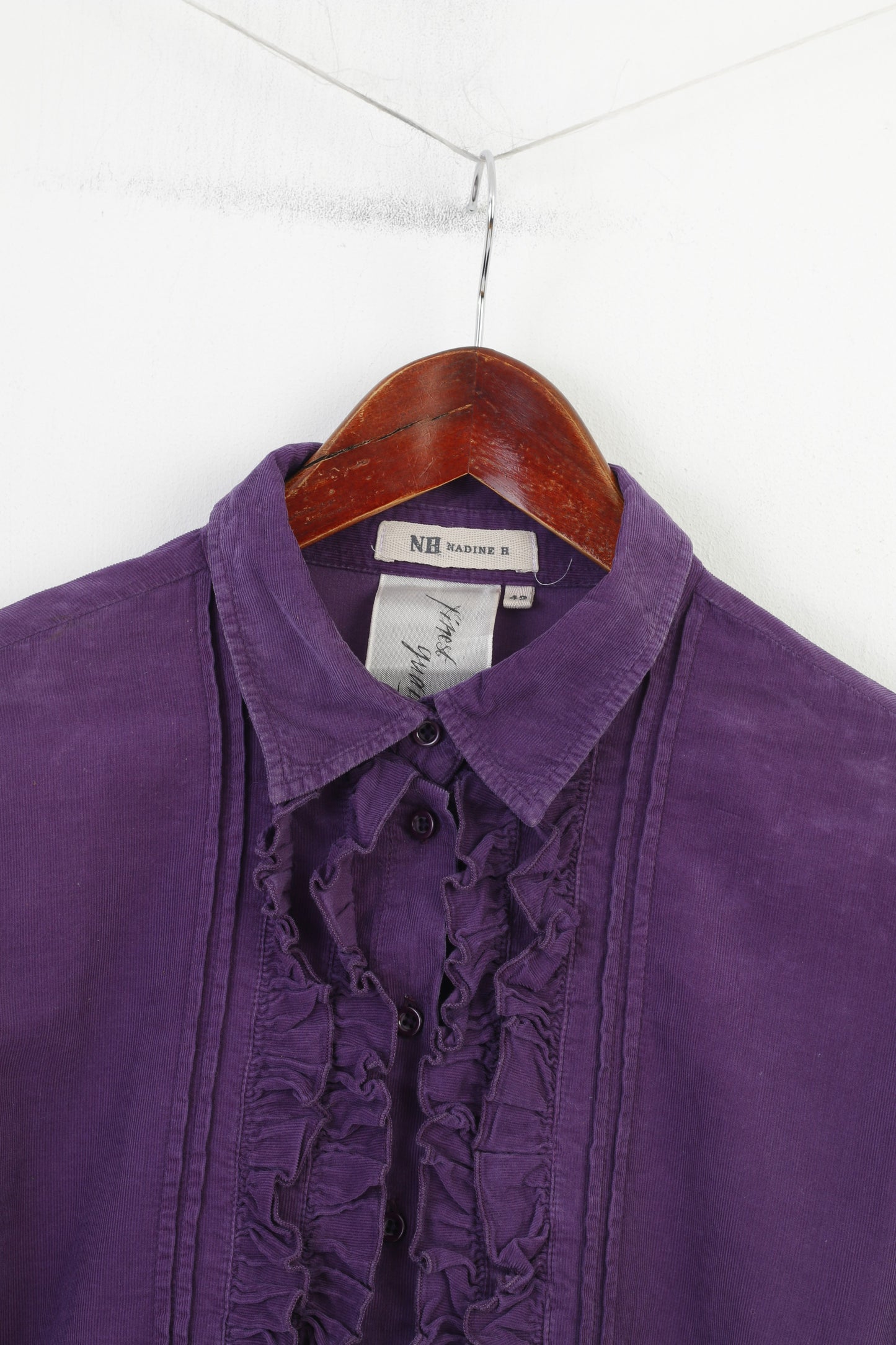 Nadine H Women 42 L Casual Shirt Purple Ruffle Corduroy Cotton Long Sleeve Collar NH Vintage Top