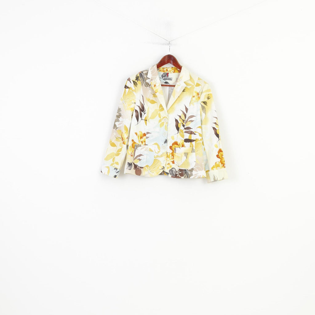 Ascari Women 38 M Blazer Flowers Print Pockets Yellow Single Breasted Collar Bottoms Cotton Vintage Jacket