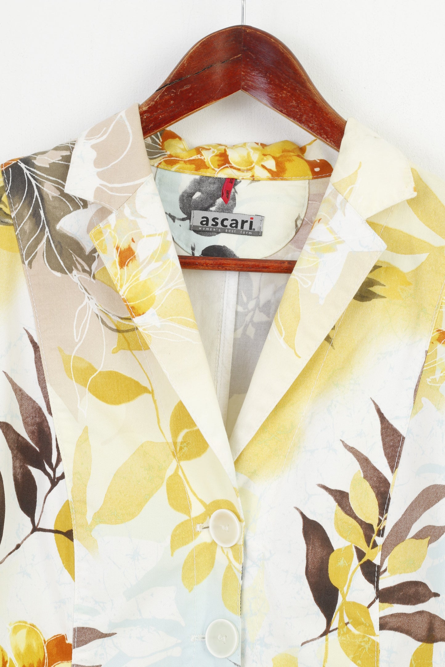 Ascari Women 38 M Blazer Flowers Print Pockets Yellow Single Breasted Collar Bottoms Cotton Vintage Jacket
