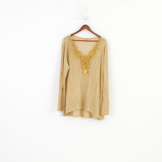 Vintage Women 4XL Shirt  V Neck Yellow Boho Lace Collar Big Size Thin Jumper Vintage Long Sleeve Cotton Top