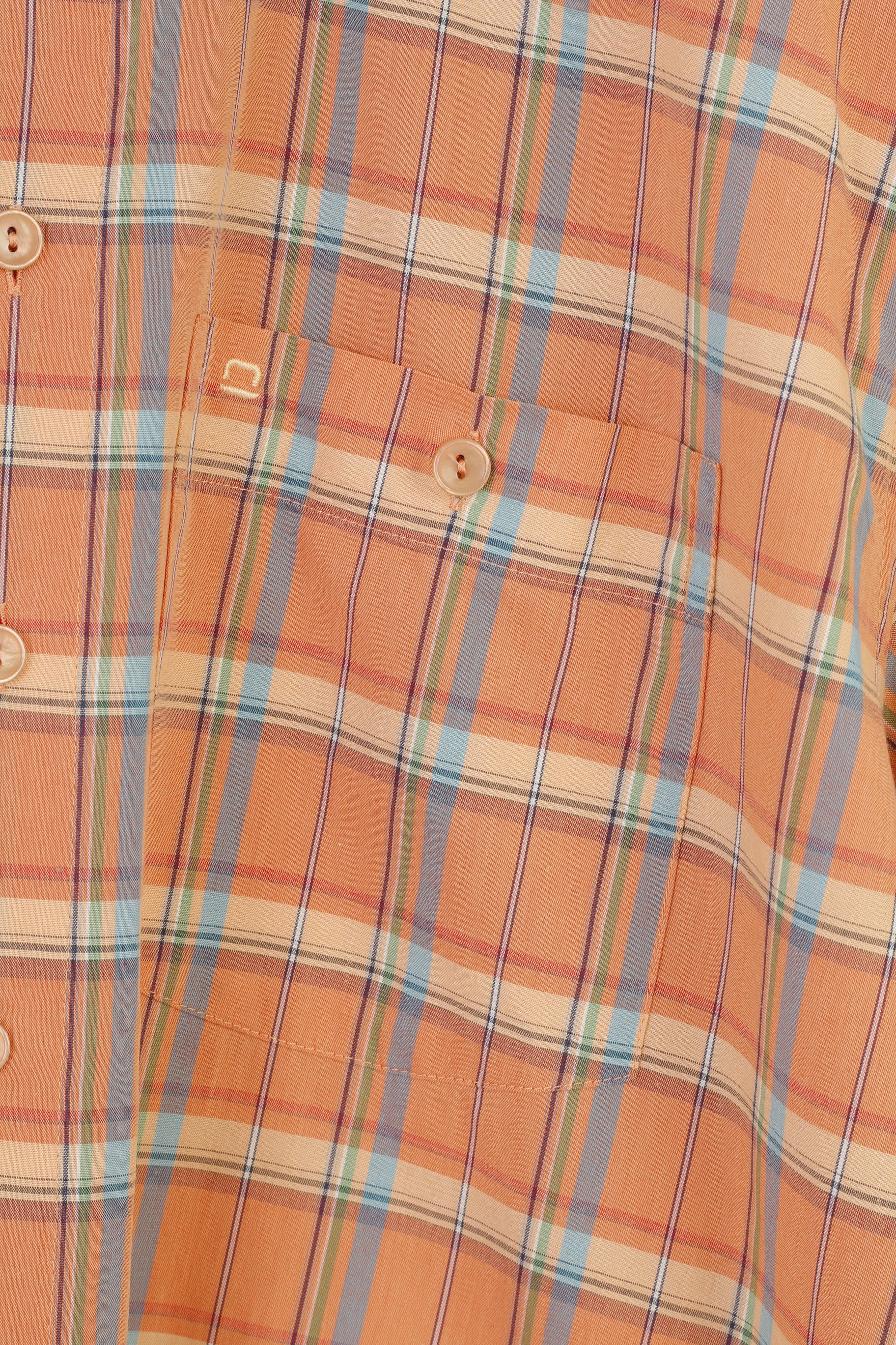 Olymp Men L Casual Shirt Short Sleeve Orange Buttons  Collar Checkered Novum Cotton