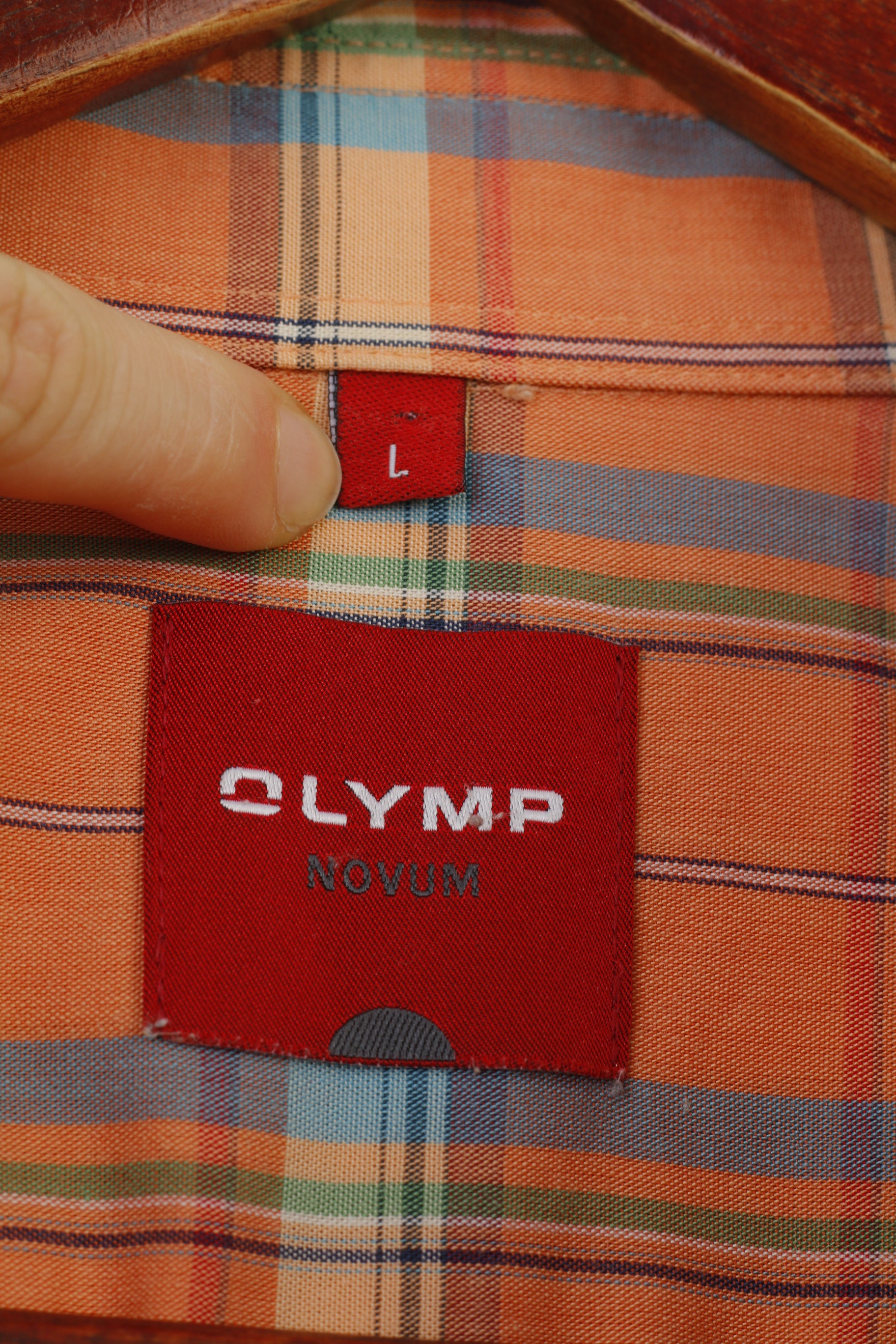 Olymp Men L Casual Shirt Short Sleeve Orange Buttons  Collar Checkered Novum Cotton