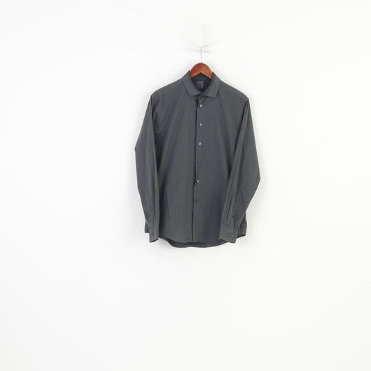 Calvin Klein Men 40 15.75 Casual Shirt Striped Slim Fit Dark Grey Cotton Long Sleeve Collar Top