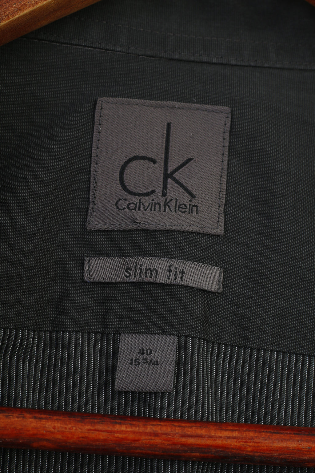 Calvin Klein Men 40 15.75 Casual Shirt Striped Slim Fit Dark Grey Cotton Long Sleeve Collar Top
