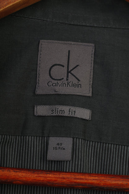 Calvin Klein Hommes 40 15.75 Chemise décontractée rayée Coupe ajustée Gris foncé Coton Col à manches longues Haut