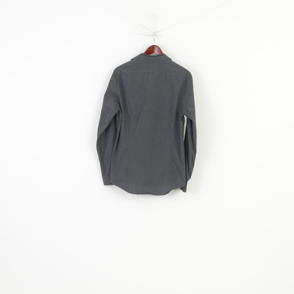 Calvin Klein Men 40 15.75 Casual Shirt Striped Slim Fit Dark Grey Cotton Long Sleeve Collar Top