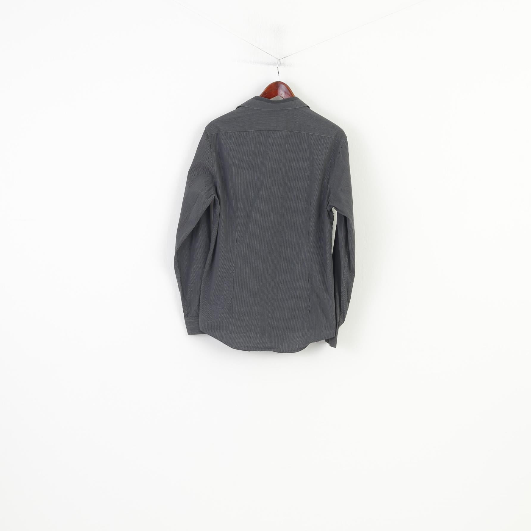 Calvin Klein Men 40 15.75 Casual Shirt Striped Slim Fit Dark Grey Cotton Long Sleeve Collar Top