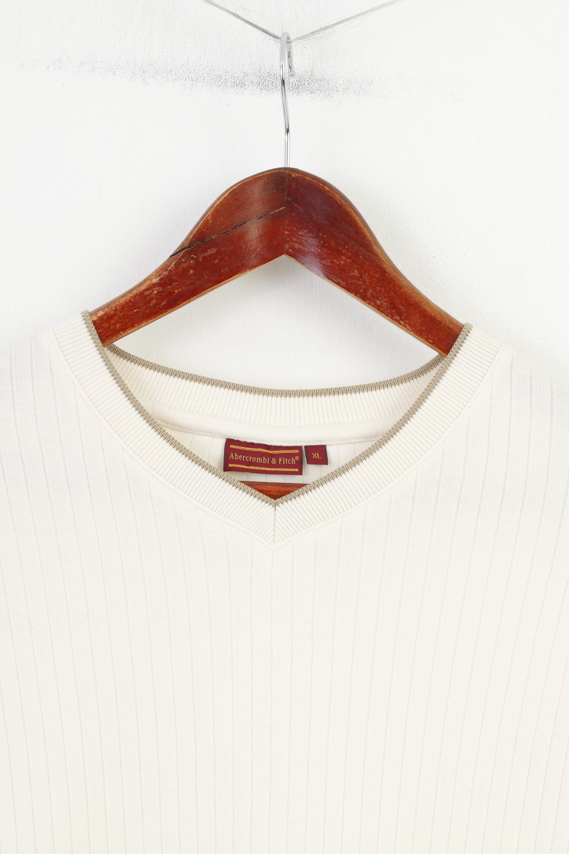 Abercrombi & Fitch Men XL Shirt V Neck Striped Cream Short Sleeve Cotton Vintage Top