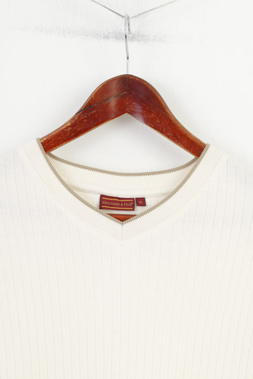 Abercroombi &amp; Fitch Hommes XL Chemise Col V Rayé Crème Manches Courtes Coton Vintage Top