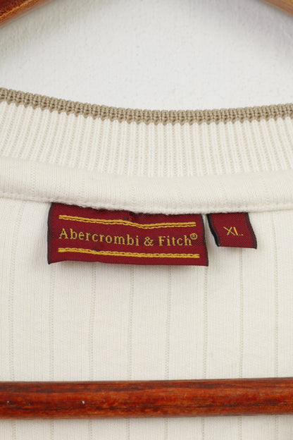 Abercroombi &amp; Fitch Hommes XL Chemise Col V Rayé Crème Manches Courtes Coton Vintage Top