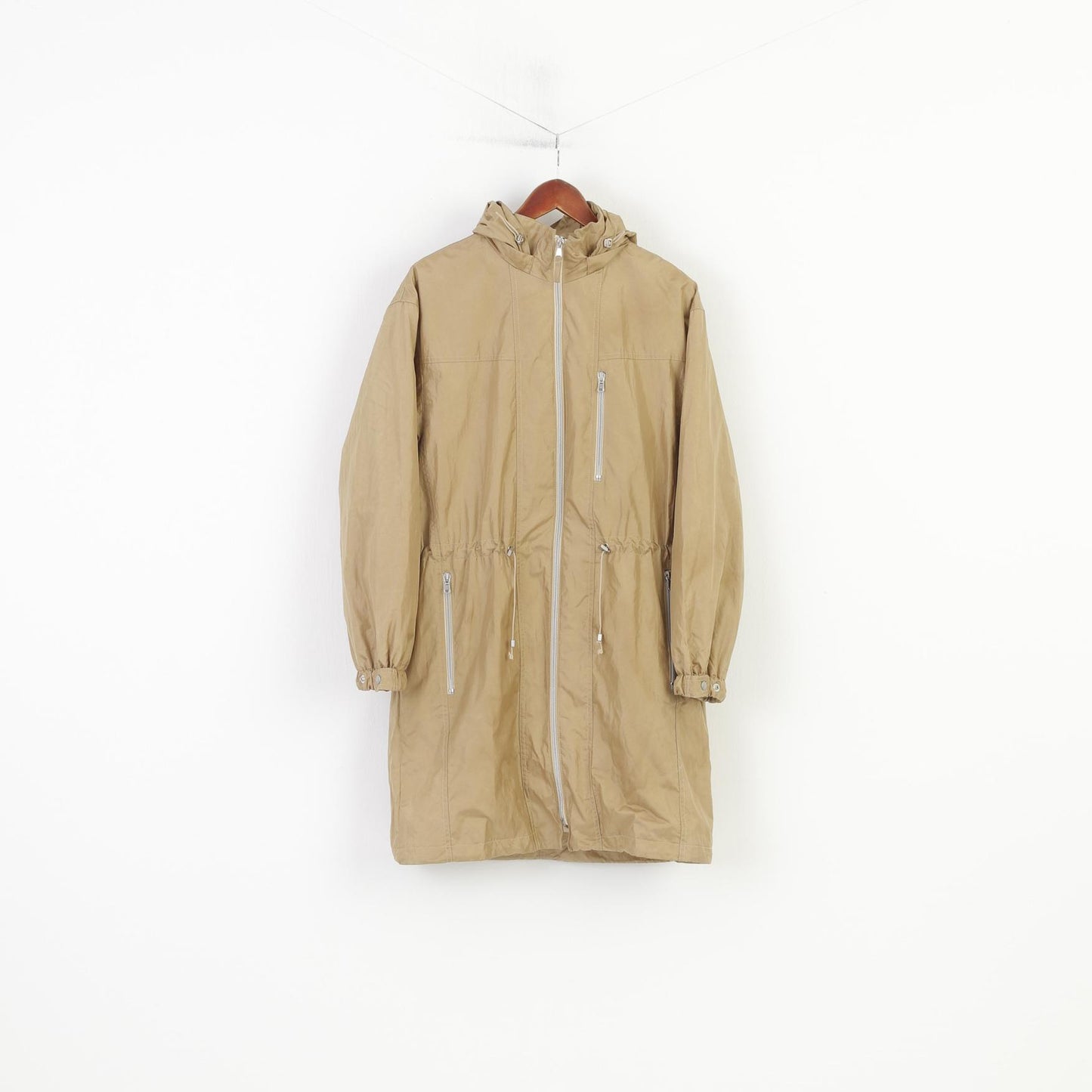 FS Women 10 M Jacket Parka Nylon Full Zipper Gold Waterproof Hoodeed Gore-Tex Long Jacket Outdoor Vintage Top