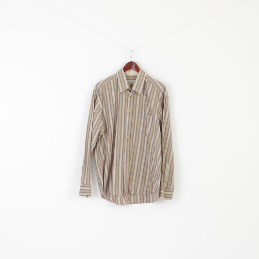 Dubbin & Hollinshead Men XL Casual Shirt Beige Striped Cotton Long Sleeve Retro Top