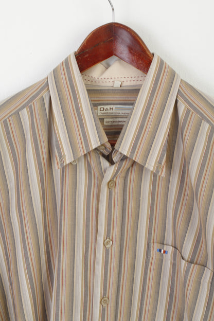 Dubbin &amp; Hollinshead Camicia casual XL da uomo Top retrò a maniche lunghe in cotone a righe beige