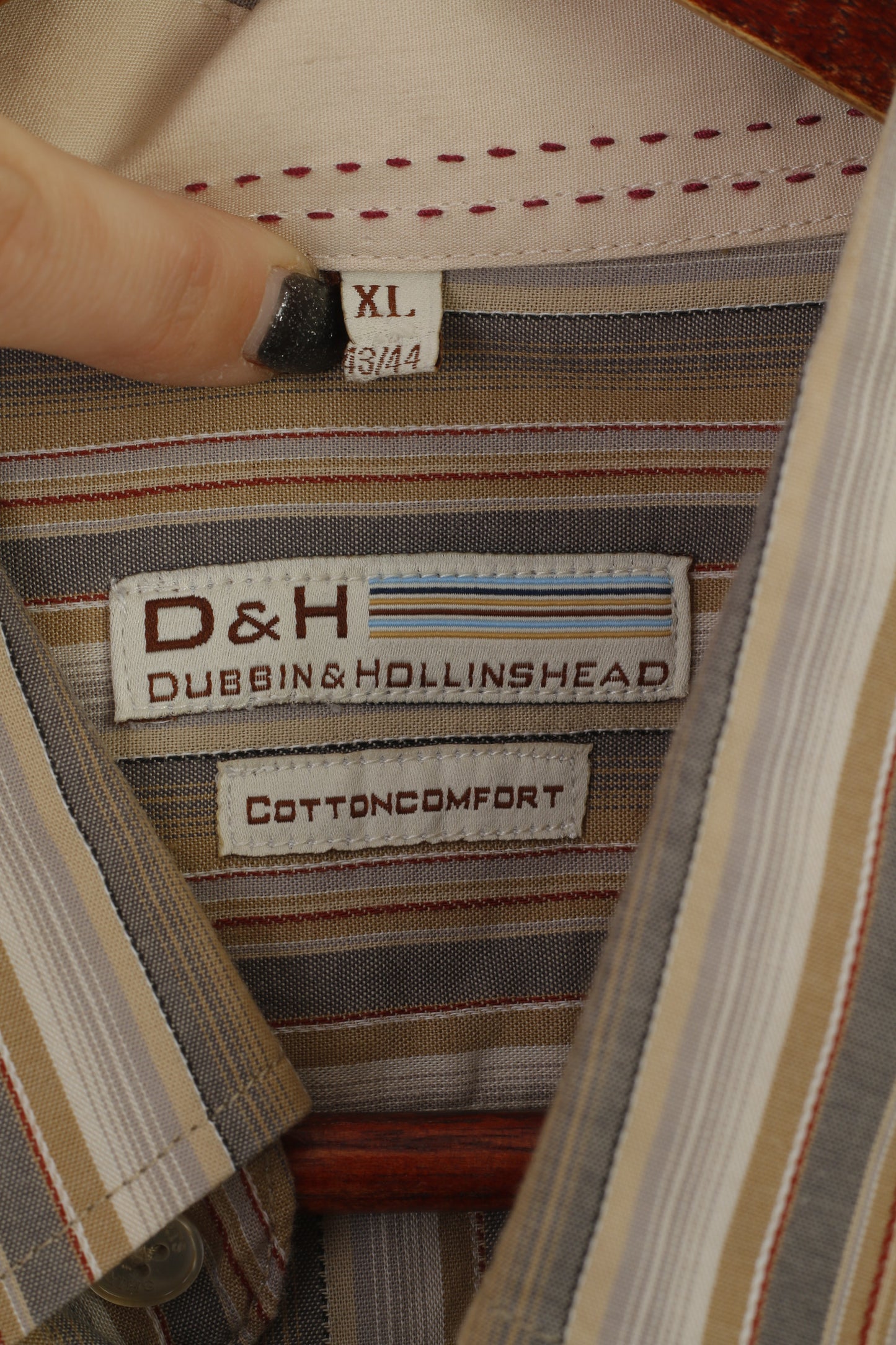 Dubbin & Hollinshead Men XL Casual Shirt Beige Striped Cotton Long Sleeve Retro Top