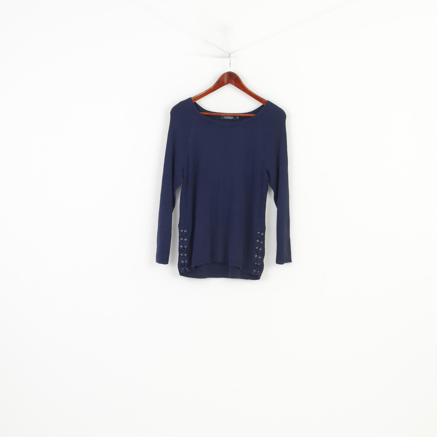 Ralph Lauren Woman XL Jumper Crew Neck Navy Cotton Lace Up long Sleeve Striped Vintage Sweater Top