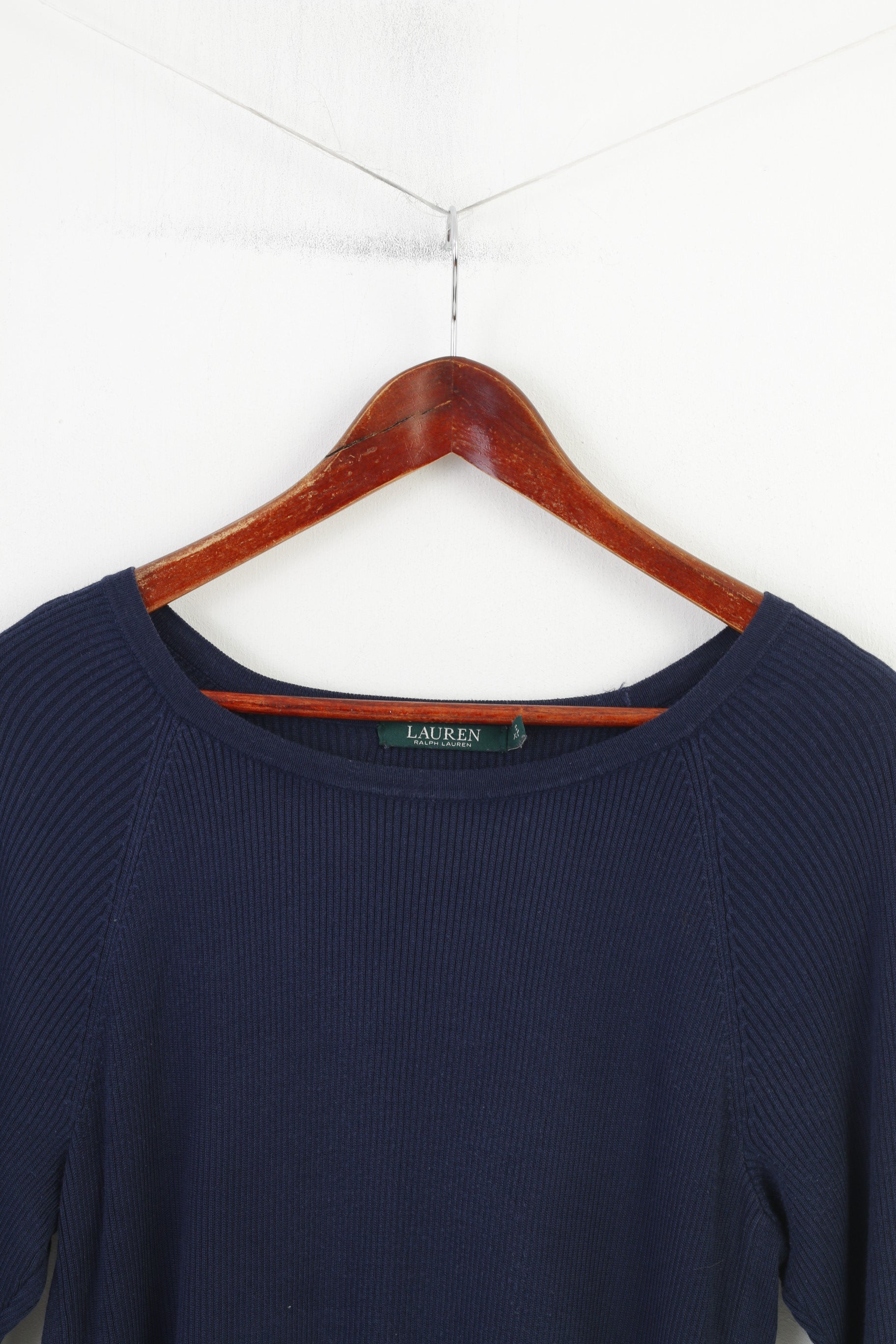 Ralph Lauren Woman XL Jumper Navy Fit Crew Neck Cotton Lace Up long Sleeve Striped Vintage Sweater Top