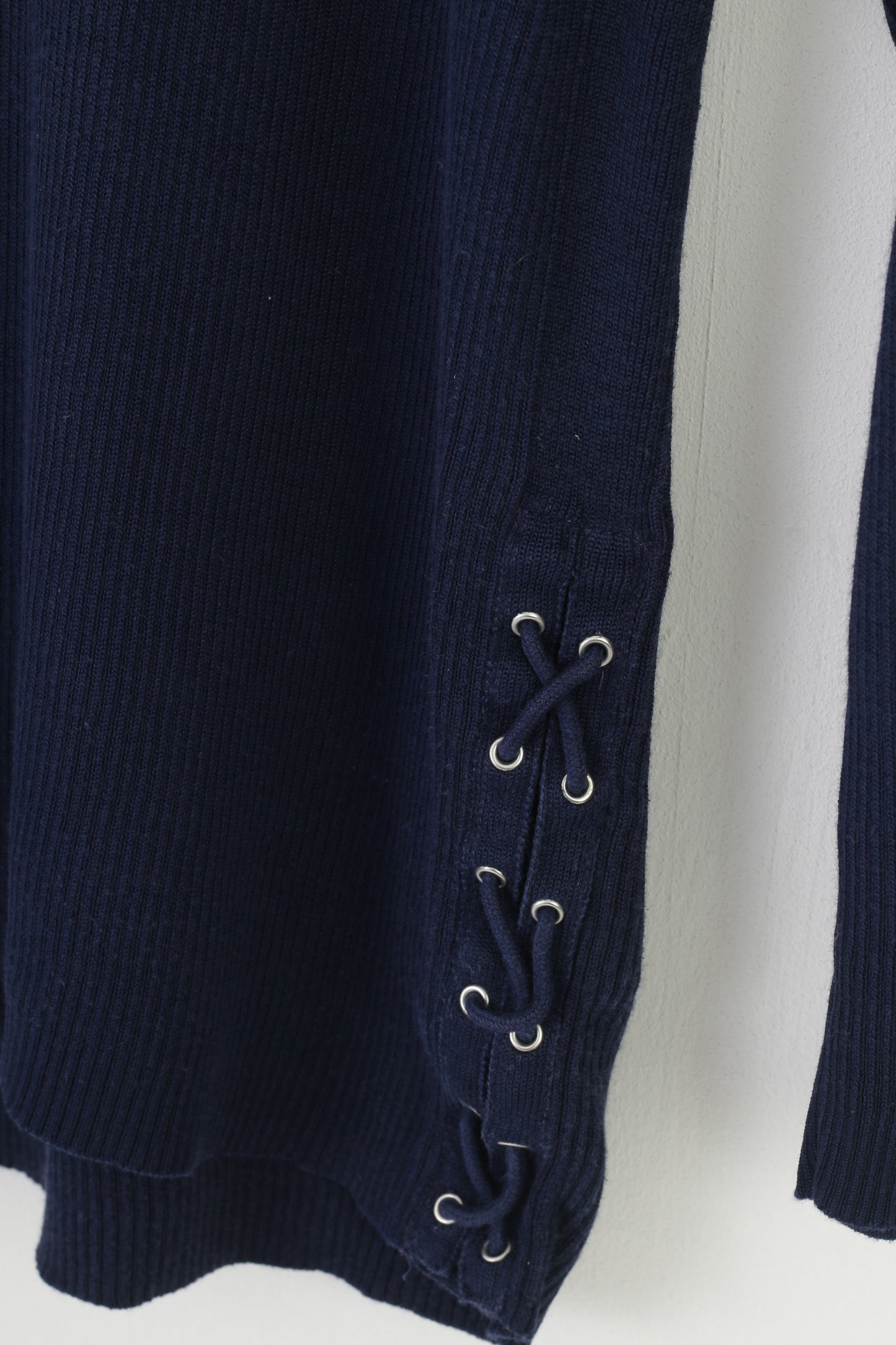 Maglione Ralph Lauren donna XL maglione blu scuro girocollo in cotone con lacci a maniche lunghe a righe vintage