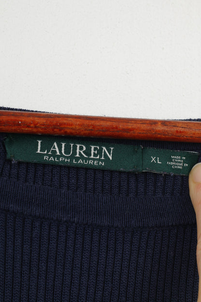 Ralph Lauren Femme XL Jumper Navy Fit Crew Neck Cotton Lace Up Manches longues Rayé vintage Pull Top