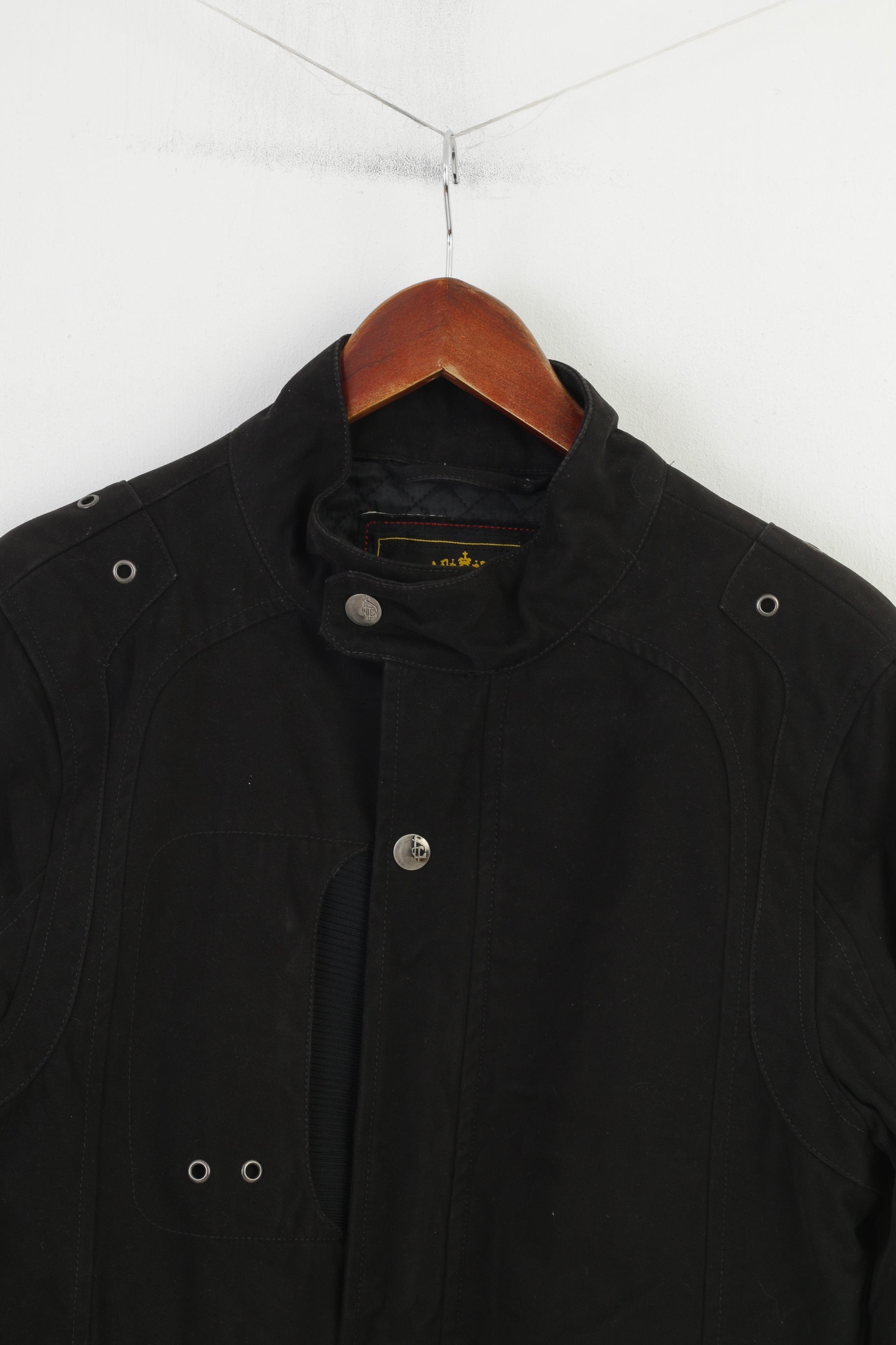 Giacca da uomo selezionata M Parka nero Cerniera intera Colletto elegante Pantaloni con bottoni automatici Top vintage in cotone di qualità artigianale originale