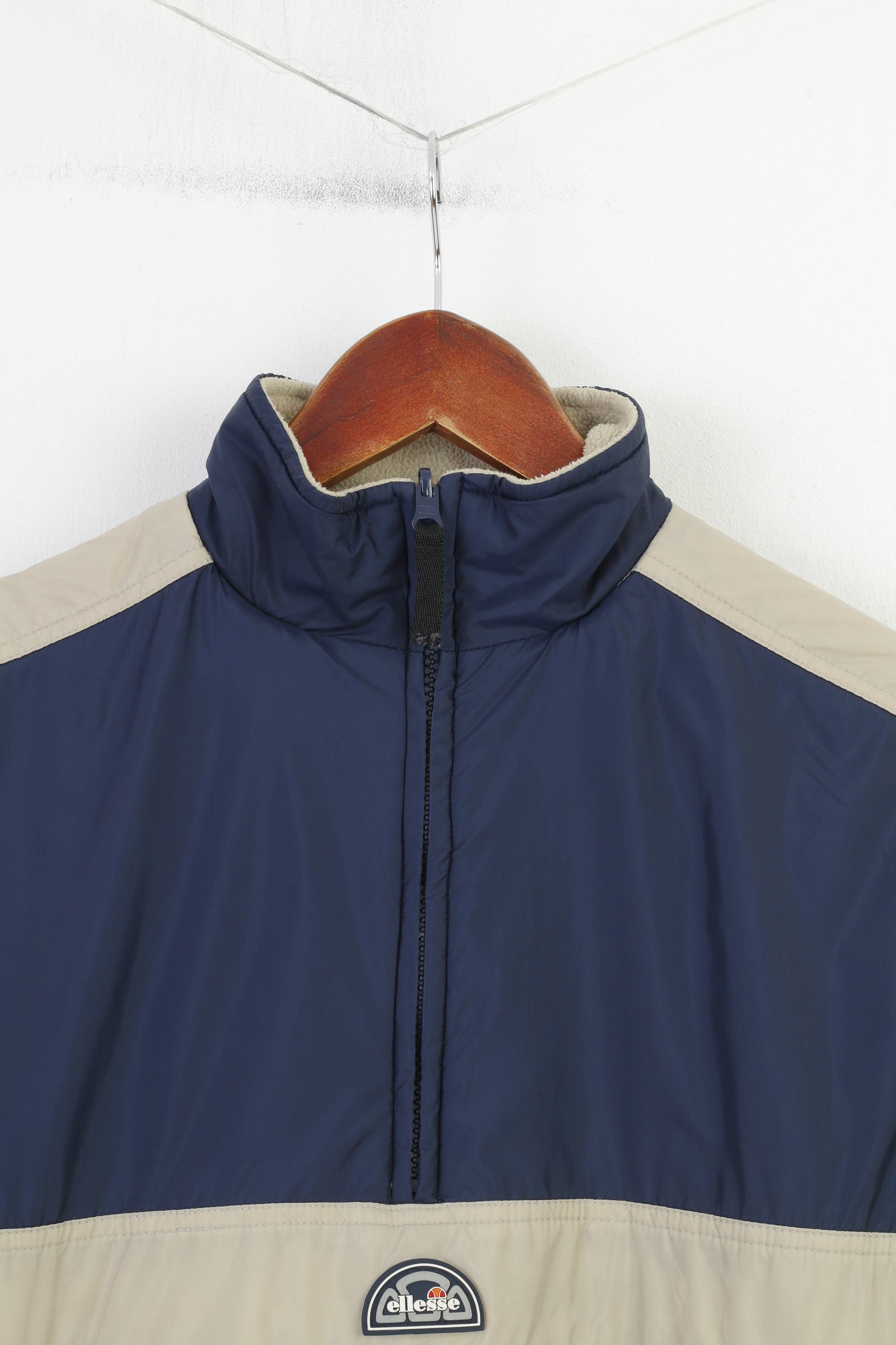 Ellesse Boys M 146 Jacket Navy Beige Double Side Zip Neck Juniors Fleece Pocket Nylon Collar vintage Top