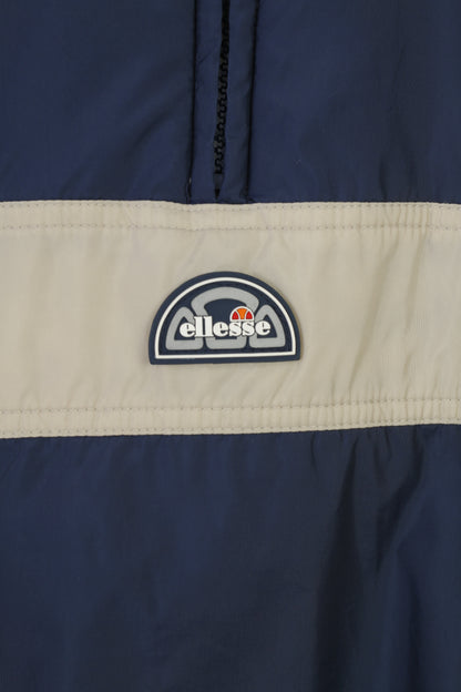 Ellesse Boys M 146 Jacket Navy Beige Double Side Zip Neck Juniors Fleece Pocket Nylon Collar  Vintage Top