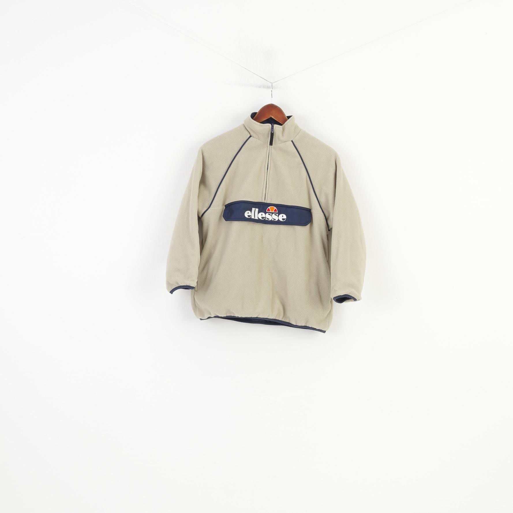 Ellesse Boys M 146 Jacket Navy Beige Double Side Zip Neck Juniors Fleece Pocket Nylon Collar vintage Top