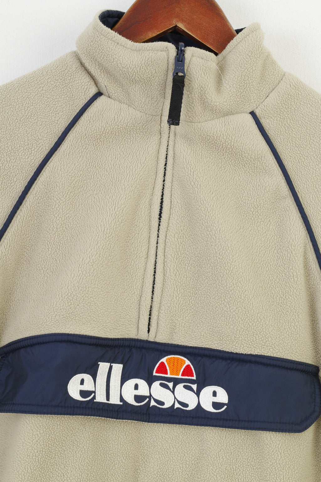 Ellesse Boys M 146 Jacket Navy Beige Double Side Zip Neck Juniors Fleece Pocket Nylon Collar vintage Top